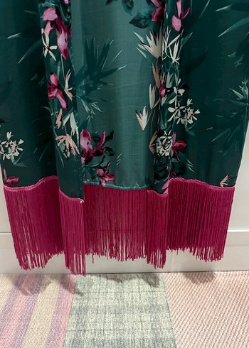 Uzun Yeşil Çiçek Desenli Bohem Kimono - Görsel 4