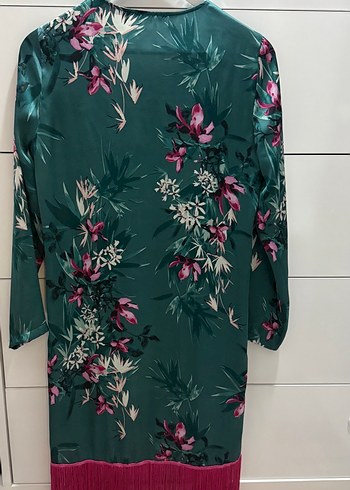 Uzun Yeşil Çiçek Desenli Bohem Kimono - Görsel 2