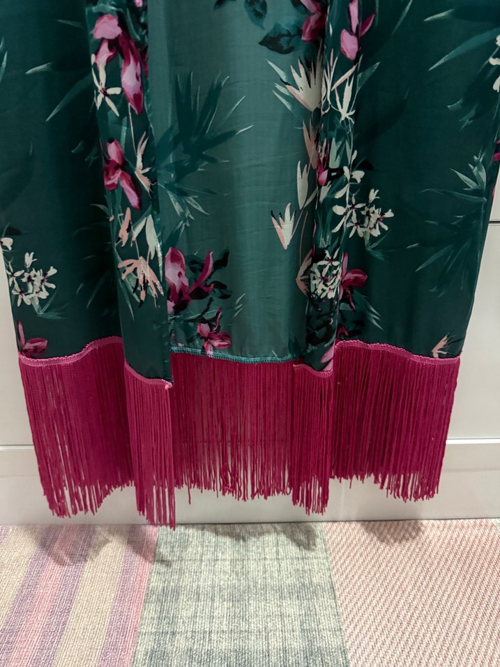 Uzun Yeşil Çiçek Desenli Bohem Kimono - Görsel 4