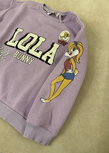 Mor Baskılı Kız Sweatshirt, Uzun Kollu, Peluş Detaylı - Görsel 4
