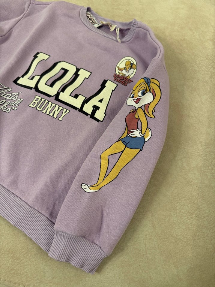 Mor Baskılı Kız Sweatshirt, Uzun Kollu, Peluş Detaylı - Görsel 4