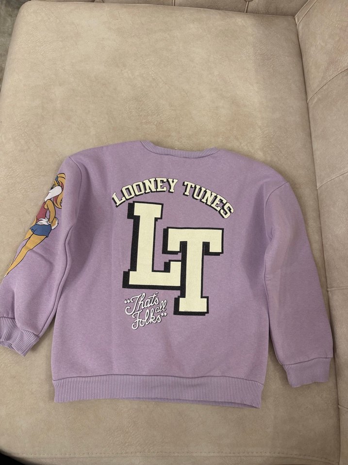 Mor Baskılı Kız Sweatshirt, Uzun Kollu, Peluş Detaylı - Görsel 2