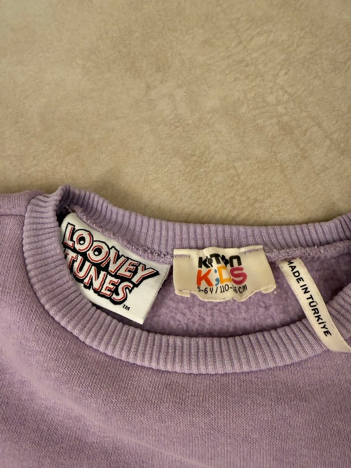 Mor Baskılı Kız Sweatshirt, Uzun Kollu, Peluş Detaylı - Görsel 3