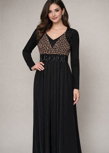 Uzun Siyah Leopar Desenli Boncuklu Elbise - Görsel 3