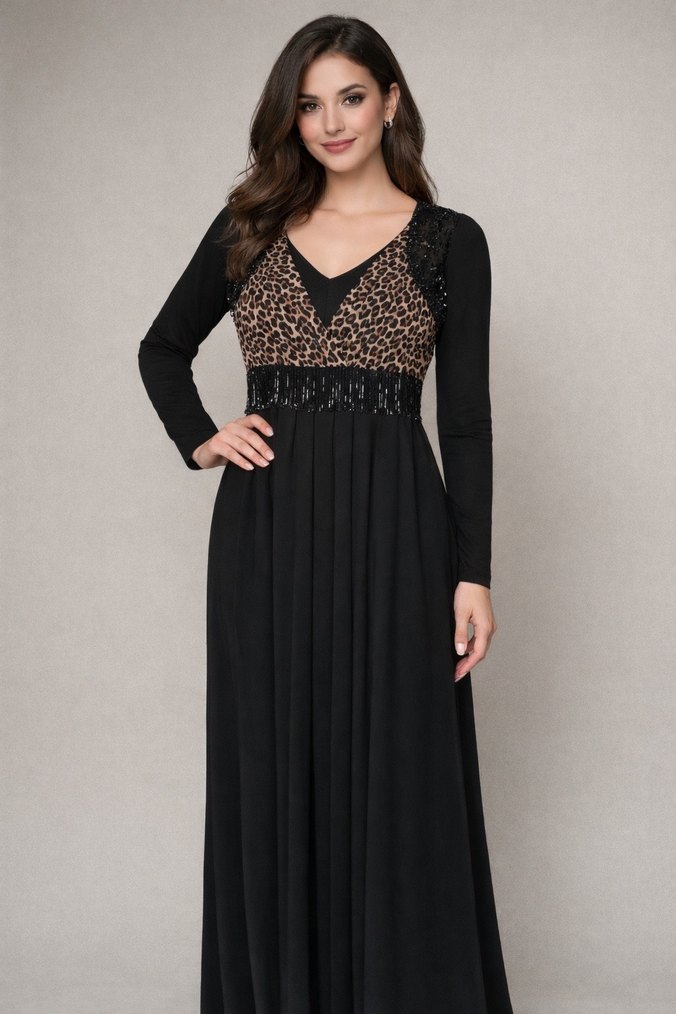Uzun Siyah Leopar Desenli Boncuklu Elbise - Görsel 3