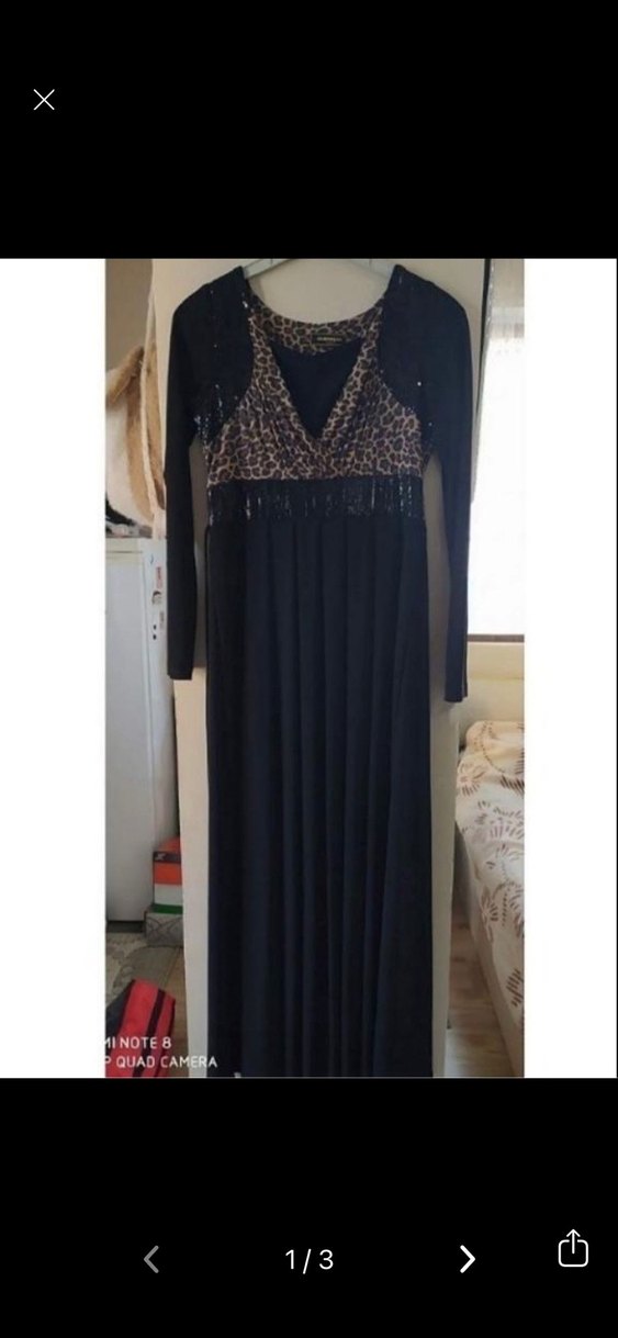 Uzun Siyah Leopar Desenli Boncuklu Elbise - Görsel 4