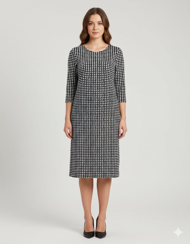 Siyah Gri Kareli Midi Elbise-Tesettür Tunik - Görsel 2