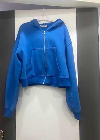 Kadın Mavi Kapüşonlu Fermuarlı Sweatshirt - Görsel 3