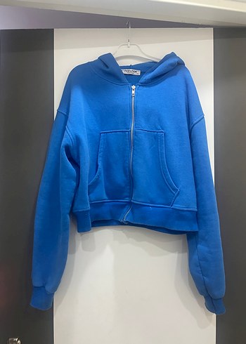 Kadın Mavi Kapüşonlu Fermuarlı Sweatshirt - Görsel 5