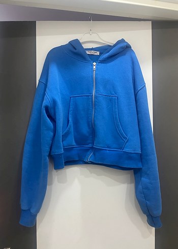 Kadın Mavi Kapüşonlu Fermuarlı Sweatshirt - Görsel 4