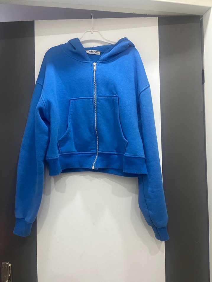 Kadın Mavi Kapüşonlu Fermuarlı Sweatshirt - Görsel 3