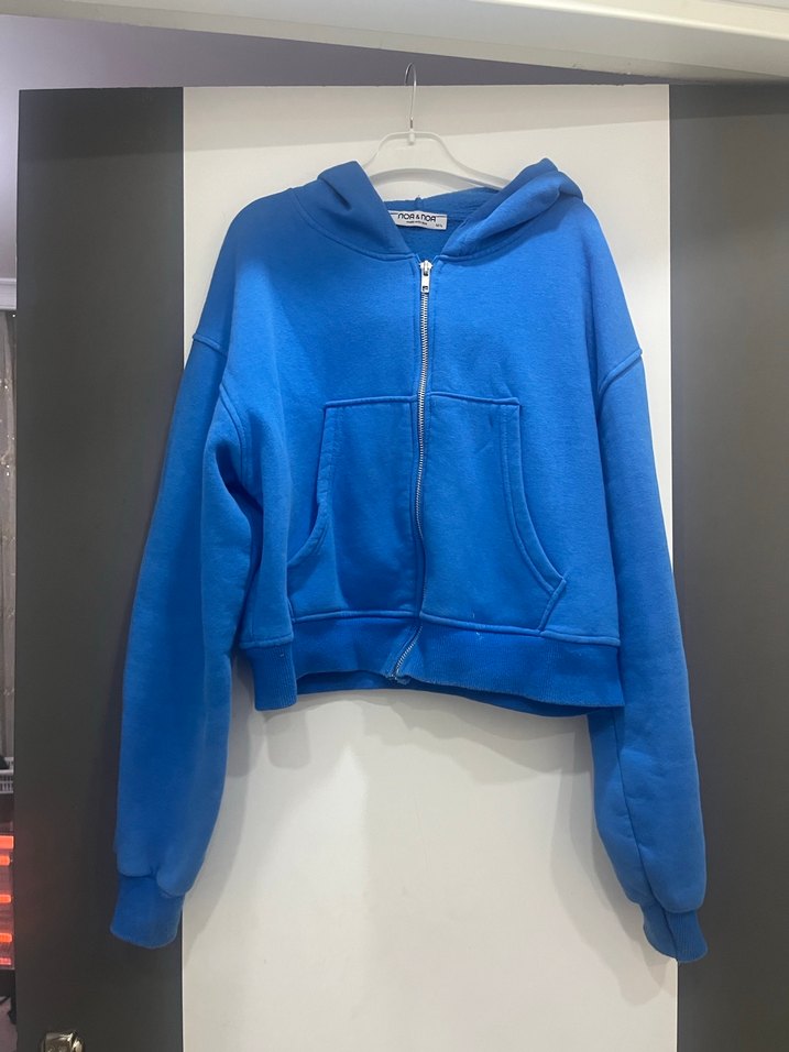 Kadın Mavi Kapüşonlu Fermuarlı Sweatshirt - Görsel 5