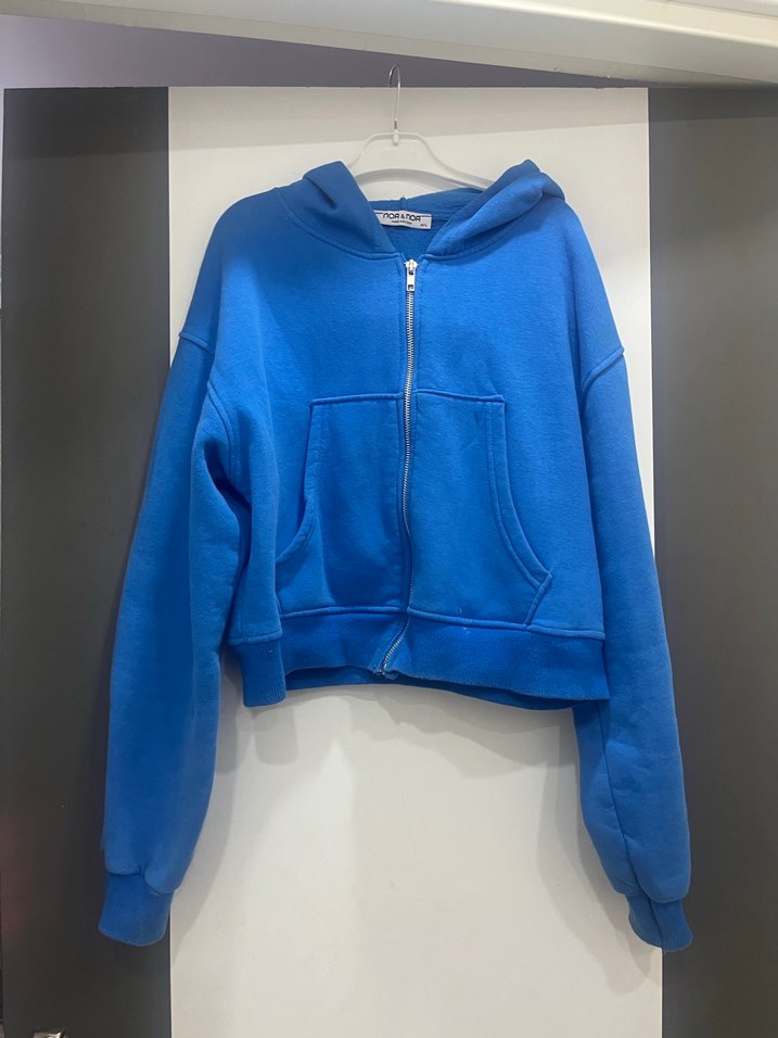 Kadın Mavi Kapüşonlu Fermuarlı Sweatshirt - Görsel 4