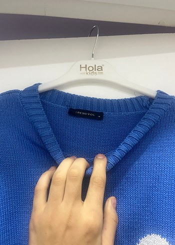 Mavi Kalp Desenli Kadın Triko Kazak - Görsel 4