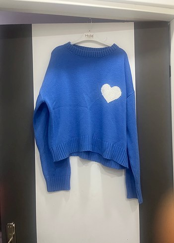 Mavi Kalp Desenli Kadın Triko Kazak - Görsel 2