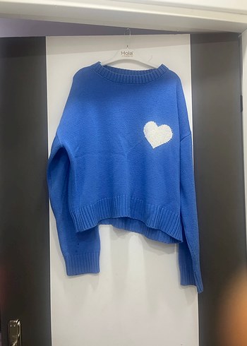 Mavi Kalp Desenli Kadın Triko Kazak - Görsel 3