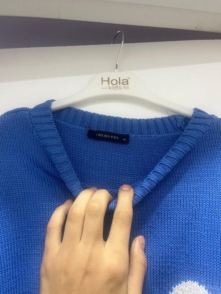 Mavi Kalp Desenli Kadın Triko Kazak - Görsel 4