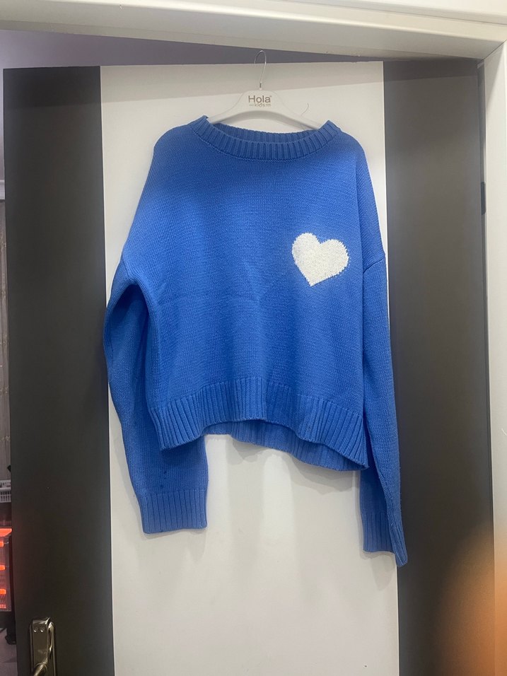 Mavi Kalp Desenli Kadın Triko Kazak - Görsel 2