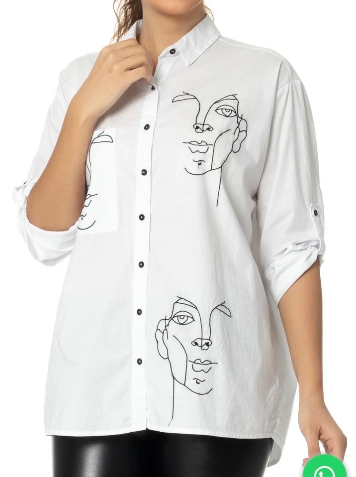 Düğmeli Baskılı Kadın Beyaz Gömlek - Görsel 2