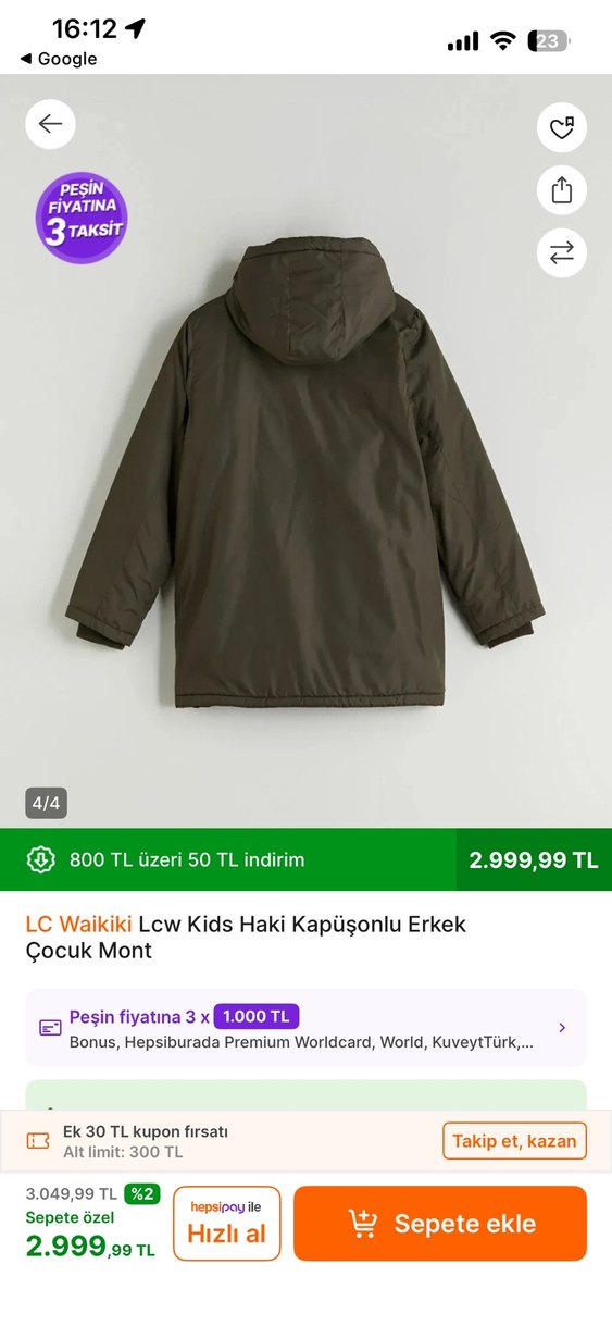 LC Waikiki Erkek Çocuk Haki Kapüşonlu Mont - Görsel 2