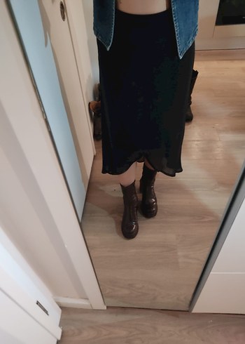 Siyah Deri Tokalı Midi Etek - Görsel 2