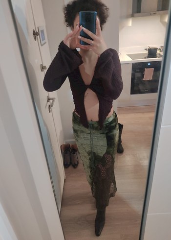 Dantel Detaylı Yeşil Midi Bağcıklı Etek - Görsel 2