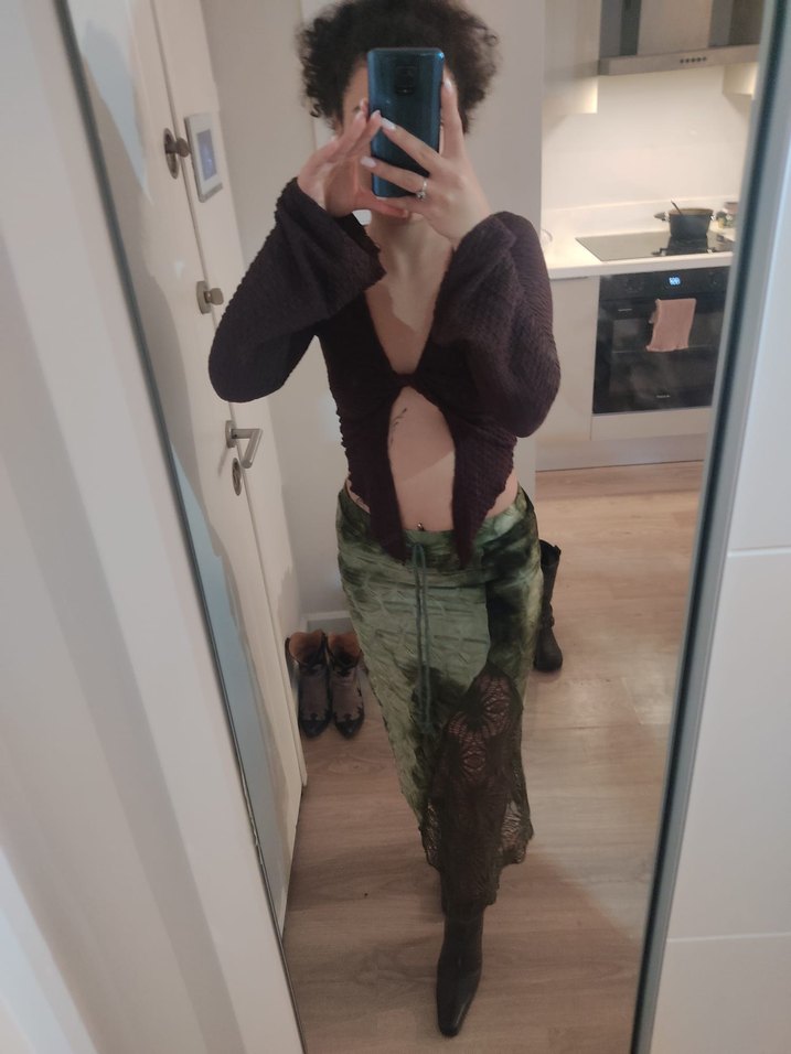 Dantel Detaylı Yeşil Midi Bağcıklı Etek - Görsel 2