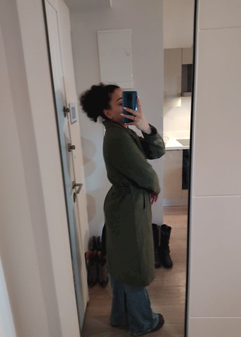 Kadın Haki Süet Kemerli Midi Kaban - Görsel 2