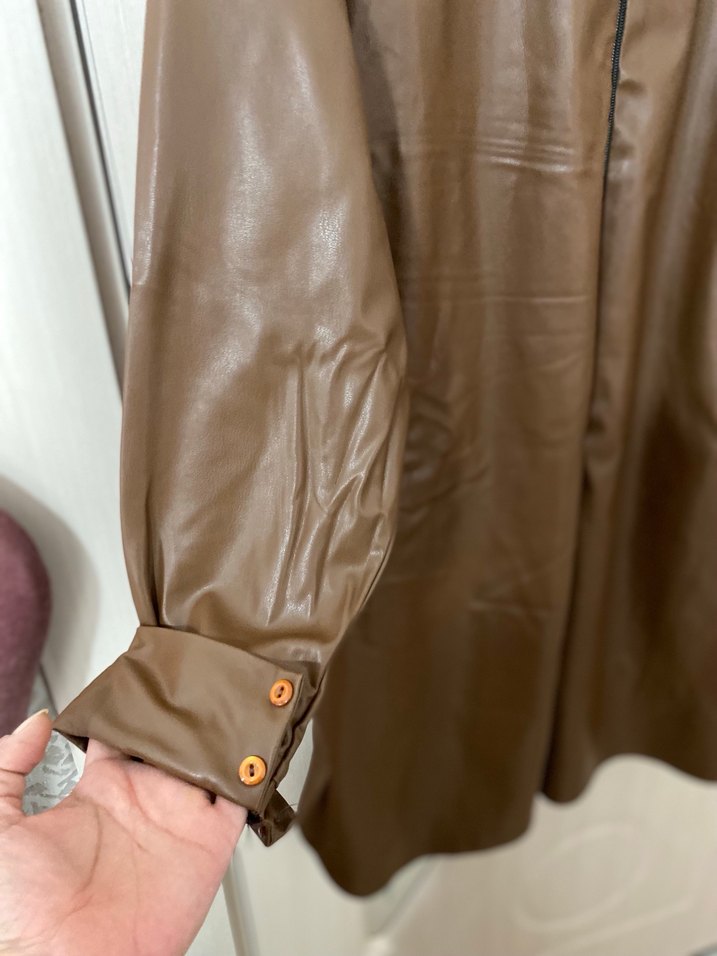 Kadın Kahverengi Uzun Deri Ceket - Görsel 2