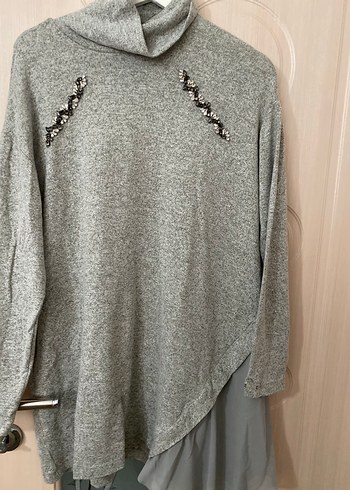 Gri Boğazlı Nakışlı Kadın Triko - Görsel 2