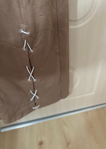 Bej Uzun Kollu Keten Elbise - Görsel 2