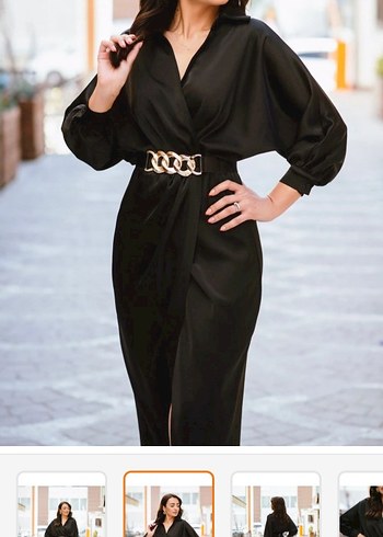 Siyah  Kemerli midi saten Elbise - Görsel 2