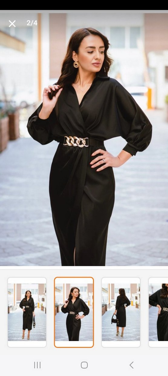 Siyah  Kemerli midi saten Elbise - Görsel 2