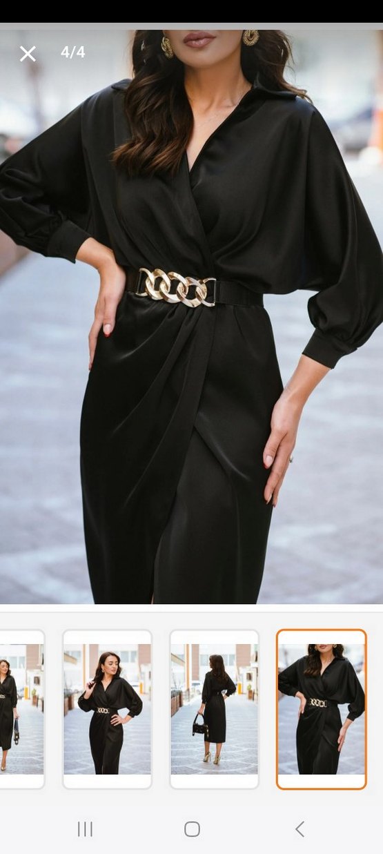 Siyah  Kemerli midi saten Elbise - Görsel 3