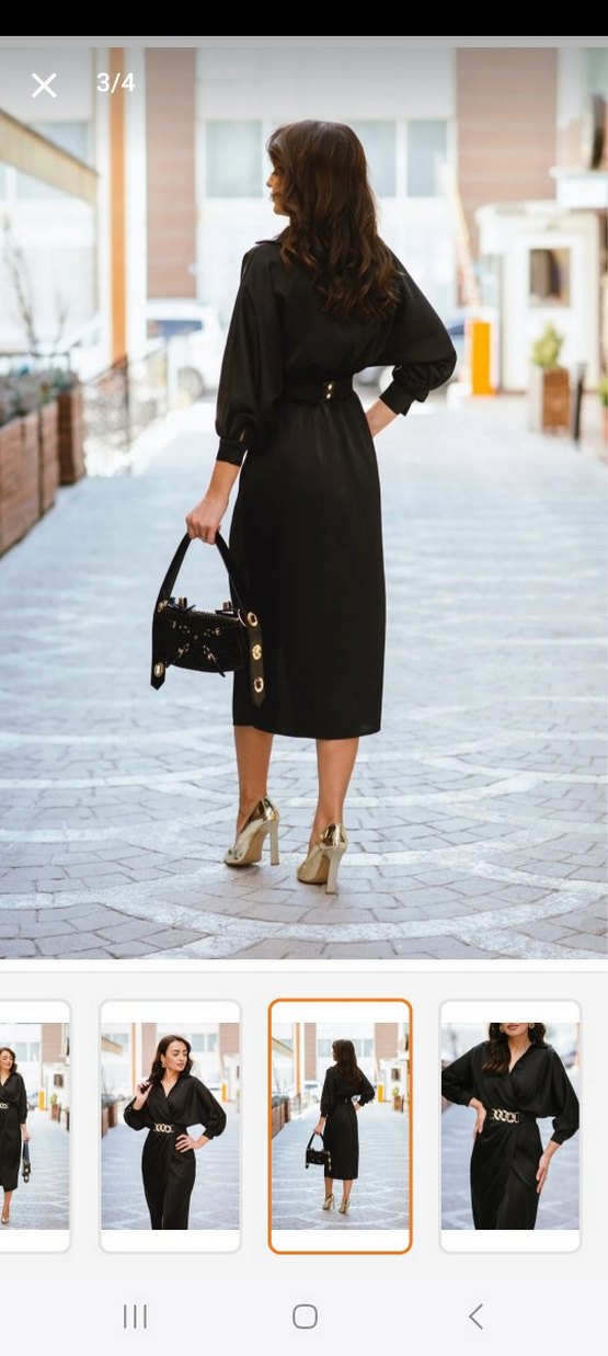 Siyah  Kemerli midi saten Elbise - Görsel 4