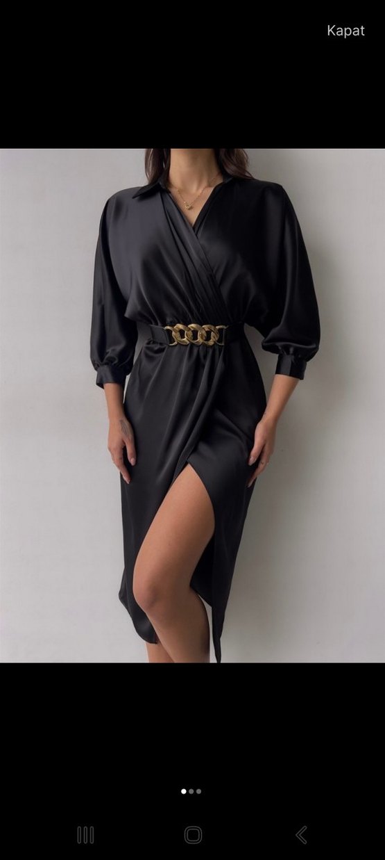 Siyah  Kemerli midi saten Elbise - Görsel 5