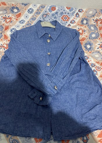 Düğmeli Mavi Keten Kadın Gömlek - Görsel 2