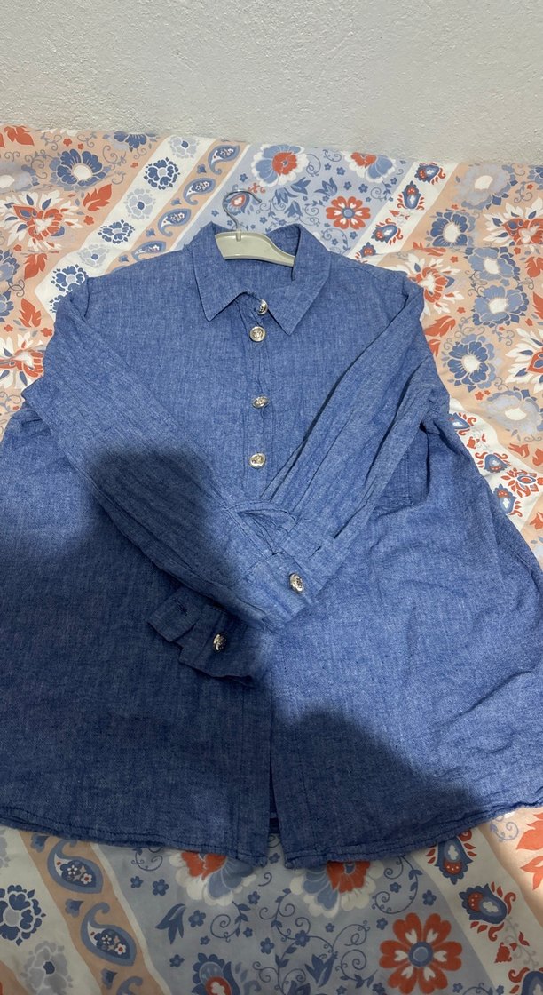 Düğmeli Mavi Keten Kadın Gömlek - Görsel 2