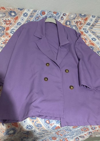 Kadın Mor Düğmeli Keten Ceket - Görsel 2