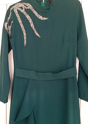 Drapeli Uzun Yeşil Kadın Elbise - Görsel 3