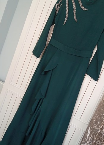 Drapeli Uzun Yeşil Kadın Elbise - Görsel 2