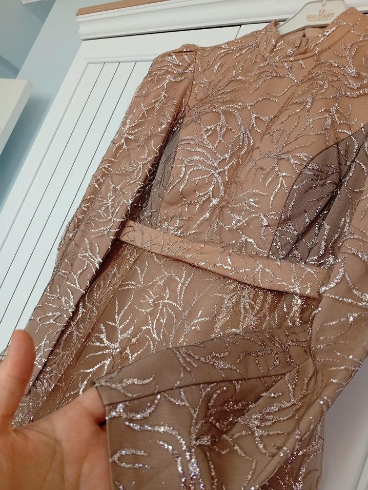 Detaylı Bej Uzun Abiye Elbise - Görsel 2