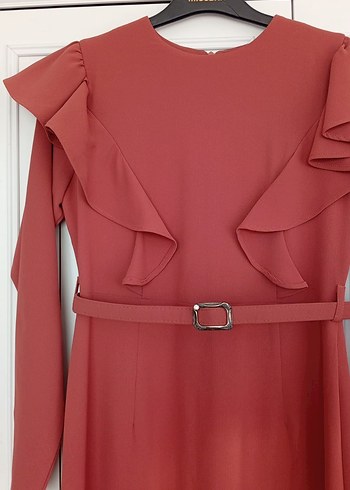 kiremit Uzun V Fırfırlı Elbise - Görsel 5