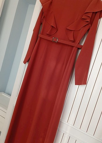 kiremit Uzun V Fırfırlı Elbise - Görsel 4