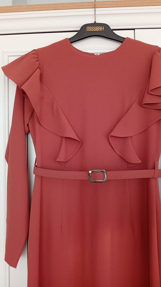 kiremit Uzun V  Fırfırlı Elbise - Görsel 5