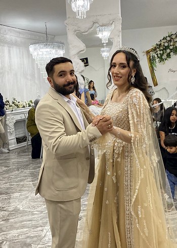 Abiye Uzun Bej İşlemeli özel dikim Abiye Elbise nişanlık