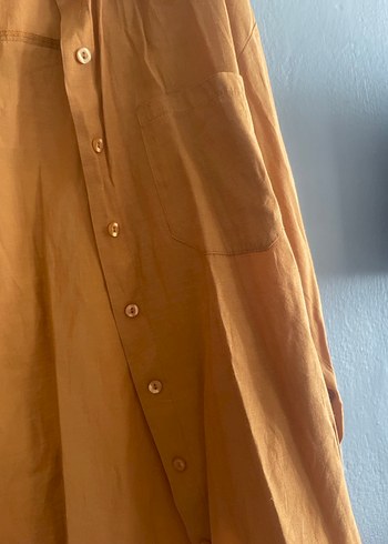 Düğmeli Bej Keten Kadın Gömlek - Görsel 4