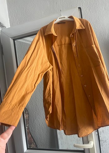 Düğmeli Bej Keten Kadın Gömlek - Görsel 2