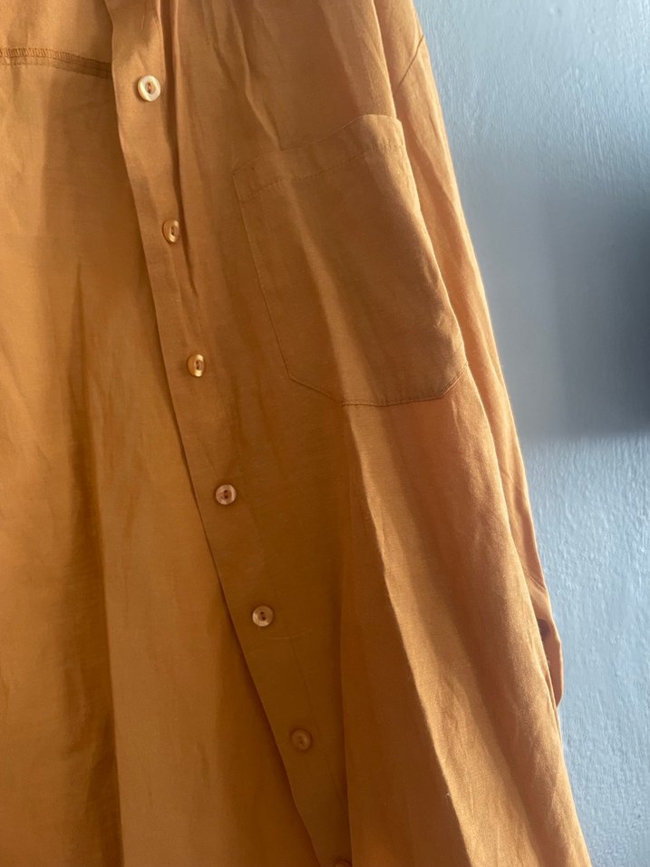 Düğmeli Bej Keten Kadın Gömlek - Görsel 4