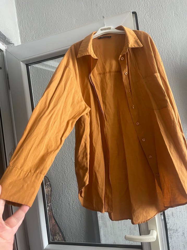 Düğmeli Bej Keten Kadın Gömlek - Görsel 2